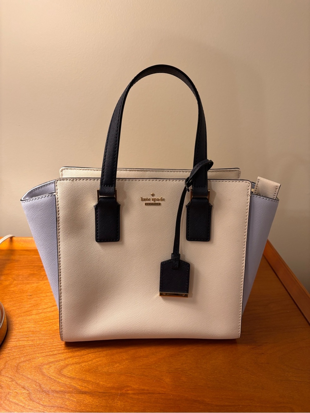 kate spade Cream, Navy Blue and Light Blue Leather Tote